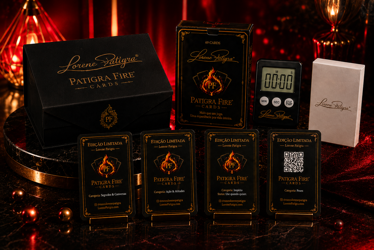 Patigra Fire Cards — caixa premium, baralho com 69 cartas, timer e QR Codes
