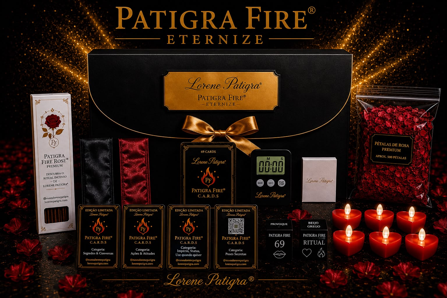 Patigra Fire Eternize — caixa completa com pétalas, velas, faixas, dados e incenso